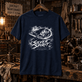 Silver Spirit light aircraft navy T-shirt in a gritty aviation workshop