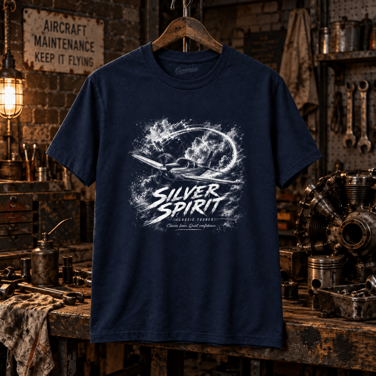 Silver Spirit light aircraft navy T-shirt in a gritty aviation workshop
