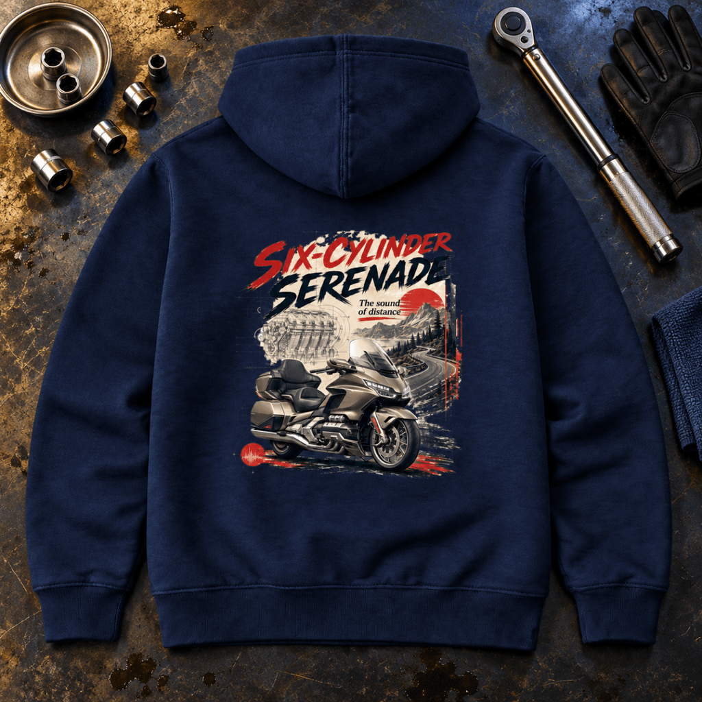 Six Cylinder Serenade touring motorcycle navy hoodie back hero in a precision workshop
