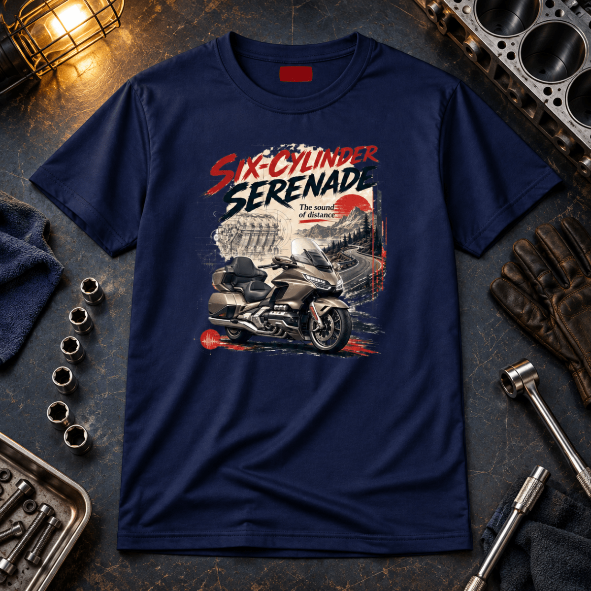 Six Cylinder Serenade touring motorcycle navy T-shirt front hero in an engine workshop