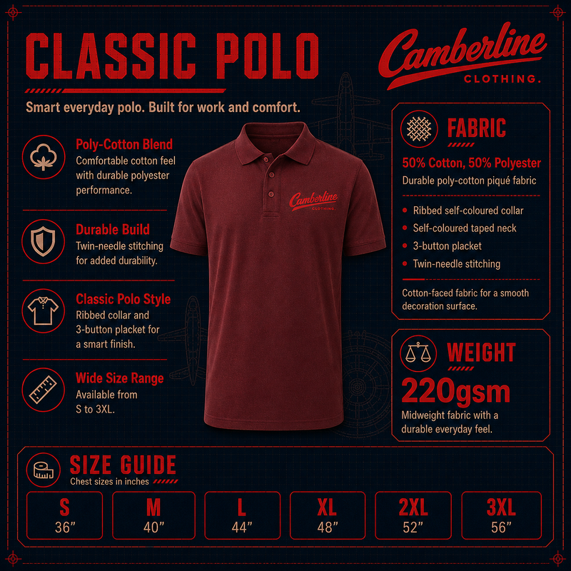Red polo shirt with Camberline branding on a dark background with product details.