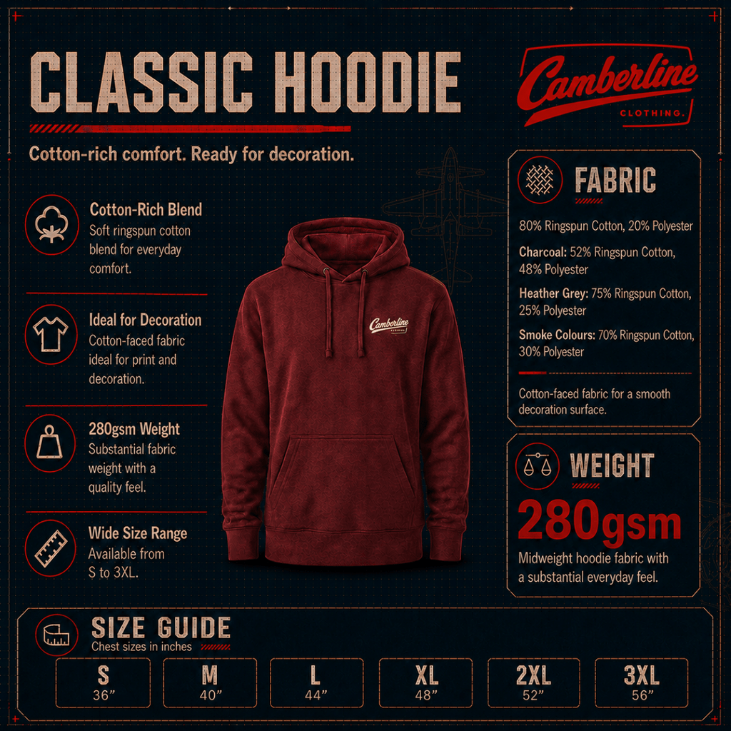 Camberline Clothing classic hoodie size guide, sizes S to 3XL