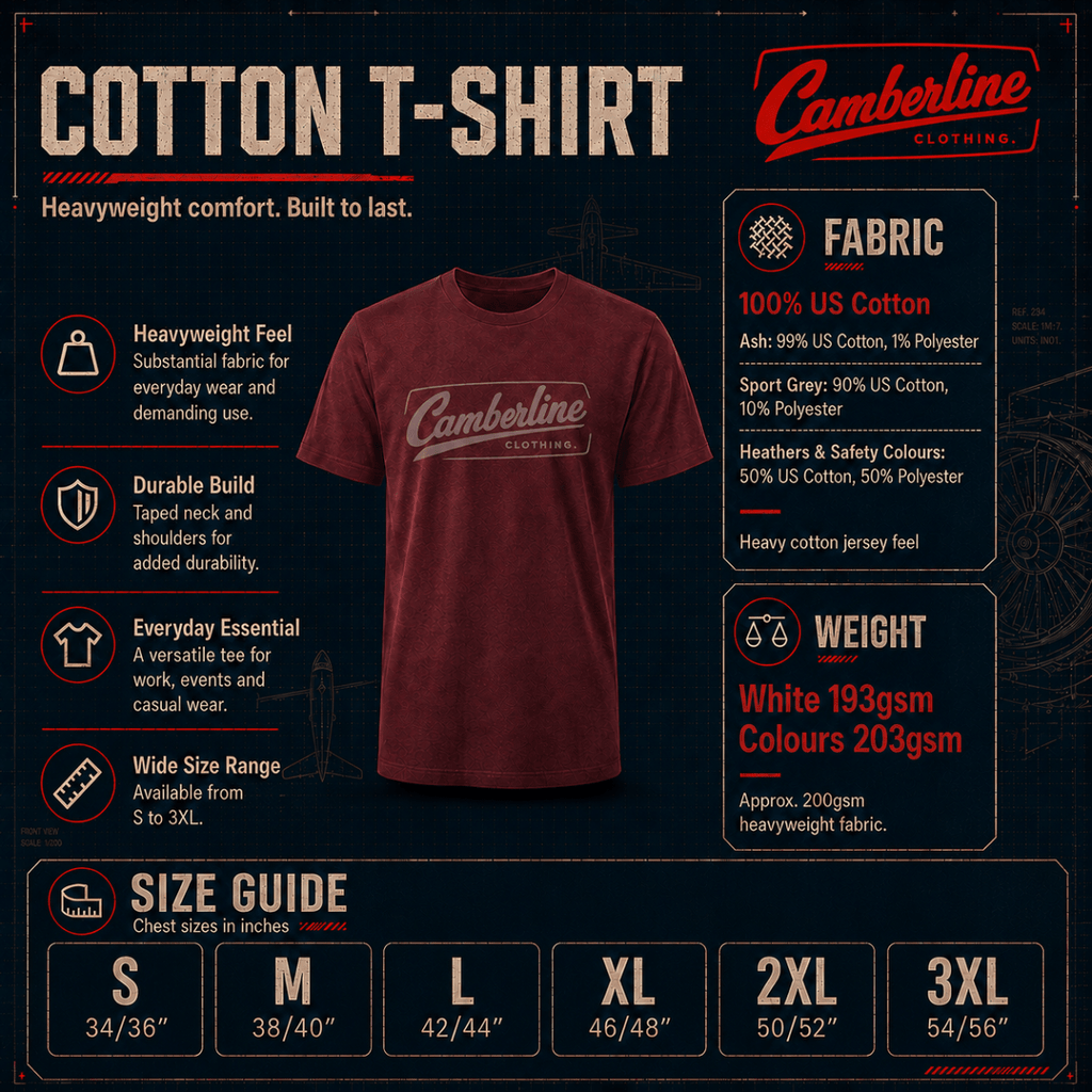 Camberline Clothing cotton T-shirt size guide, sizes S to 3XL