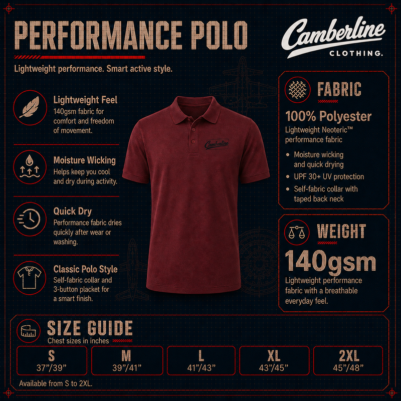 Red performance polo shirt with Camberline Clothing branding and product details on a dark background.