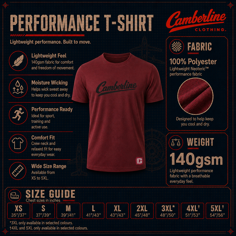 Red t-shirt with Camberline branding on a dark background with product details.