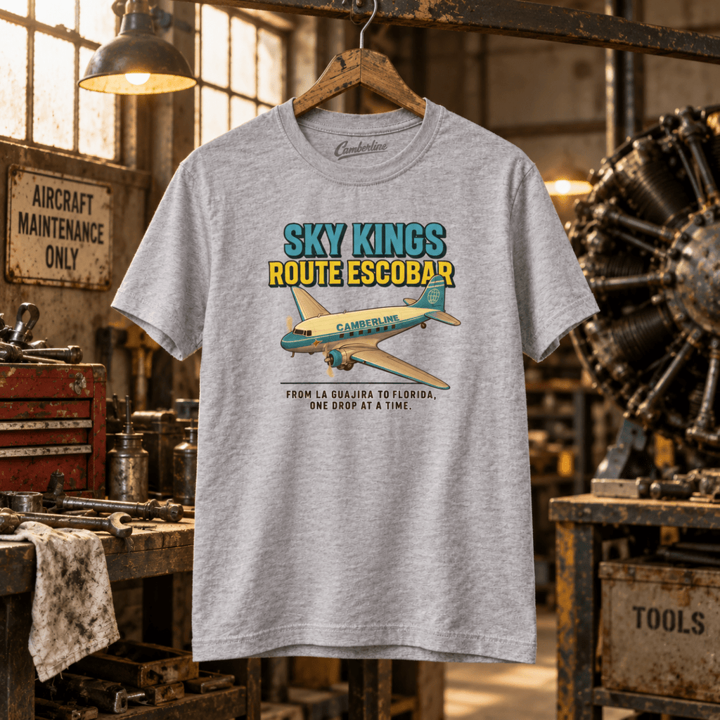Sport grey Sky Kings Route Escobar twin-engine aircraft graphic T-shirt in a gritty aviation workshop