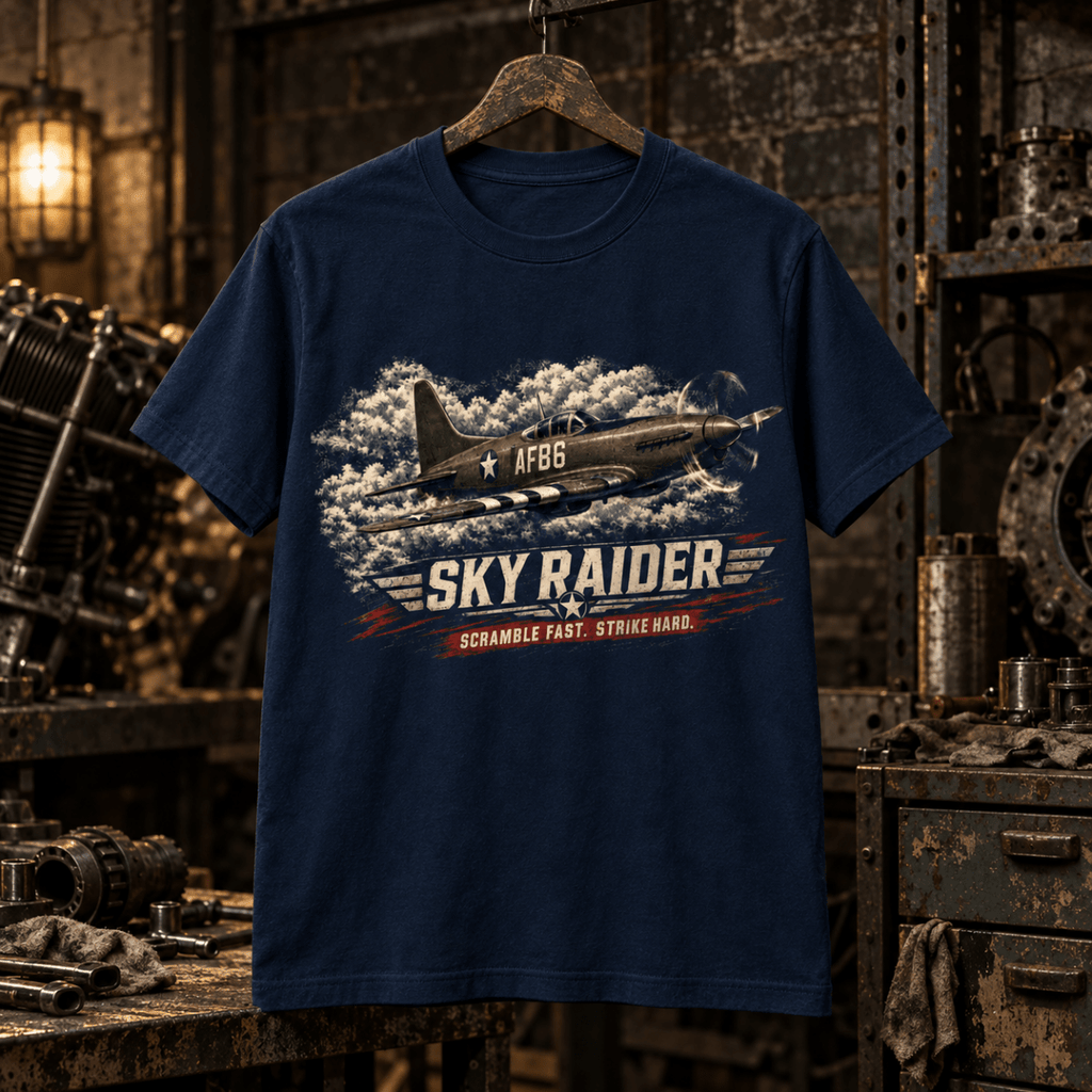 Sky Raider fighter-aircraft navy T-shirt displayed in a gritty aviation workshop – AVI-TS-0040