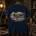Sky Raider fighter-aircraft navy T-shirt displayed in a gritty aviation workshop – AVI-TS-0040