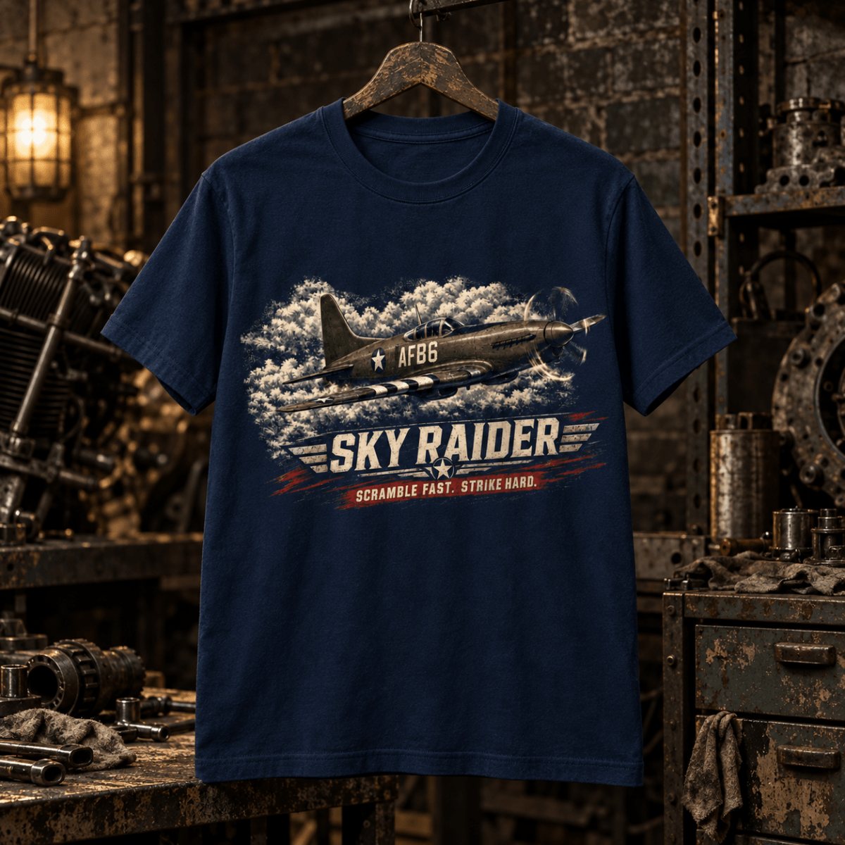 Sky Raider fighter-aircraft navy T-shirt displayed in a gritty aviation workshop – AVI-TS-0040