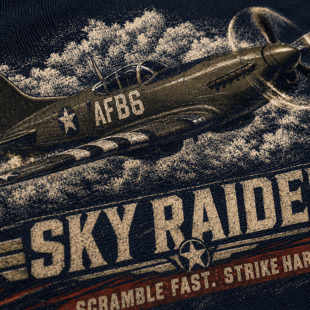 Close-up of Sky Raider vintage fighter aircraft halftone DTF hoodie print