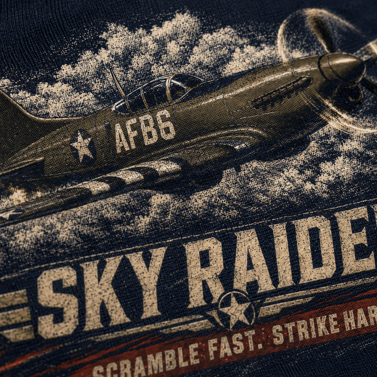 Close-up of Sky Raider vintage fighter aircraft halftone DTF hoodie print