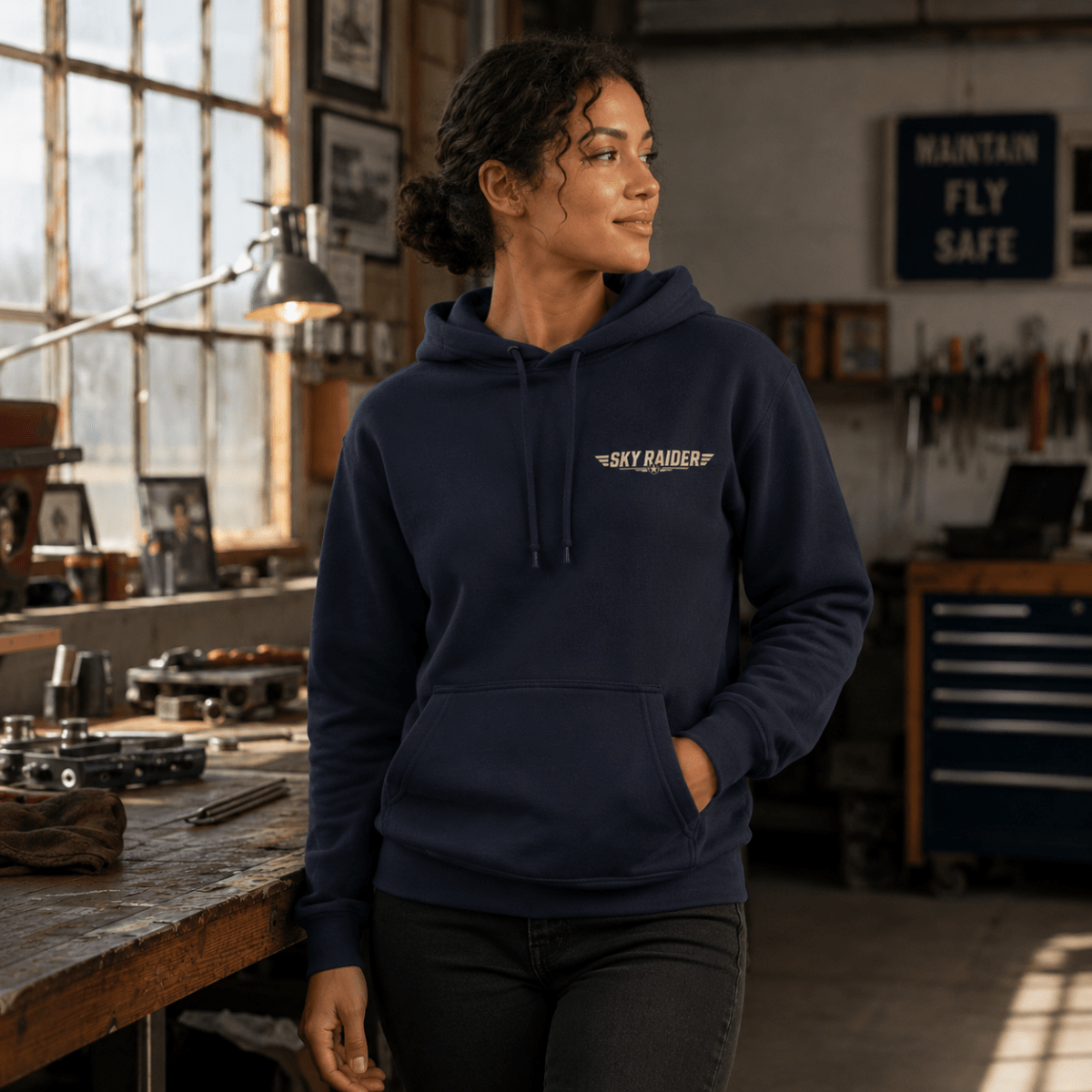 Model wearing Sky Raider navy aviation hoodie, front view