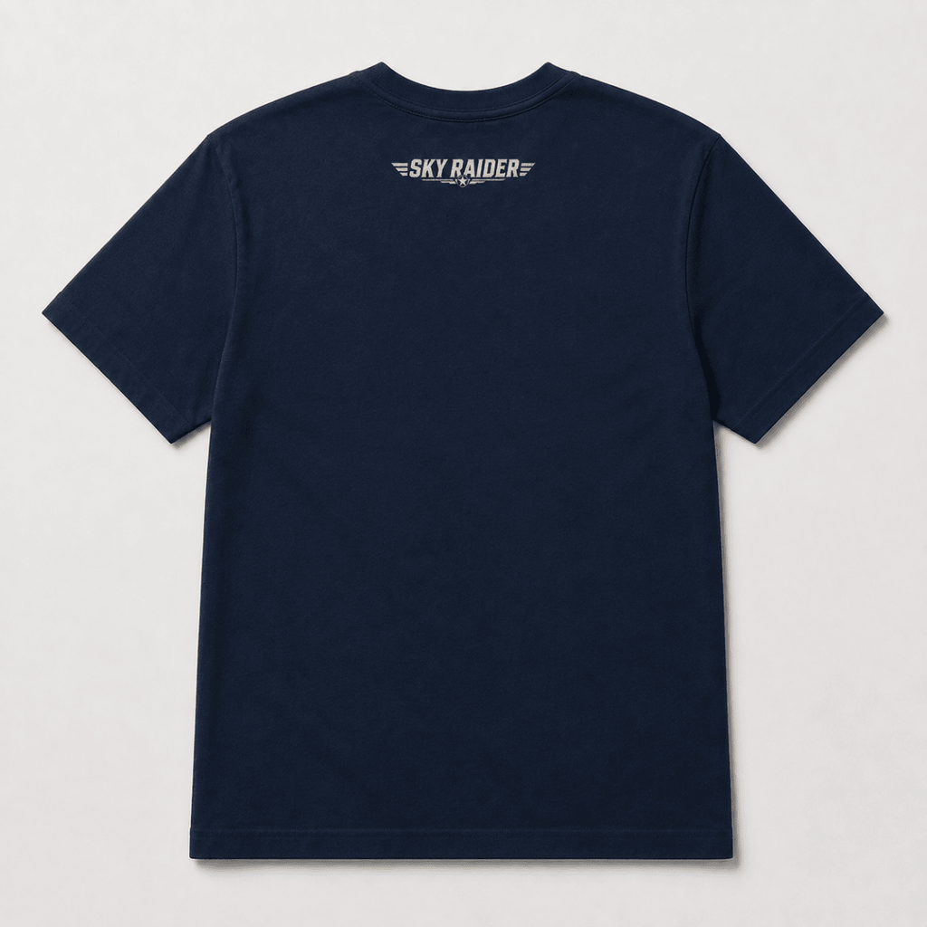 A navy blue short-sleeve t-shirt shown from the back, featuring a small gold and white 'SKY RAIDER' logo printed at the center of the upper back, set against a light gray background.