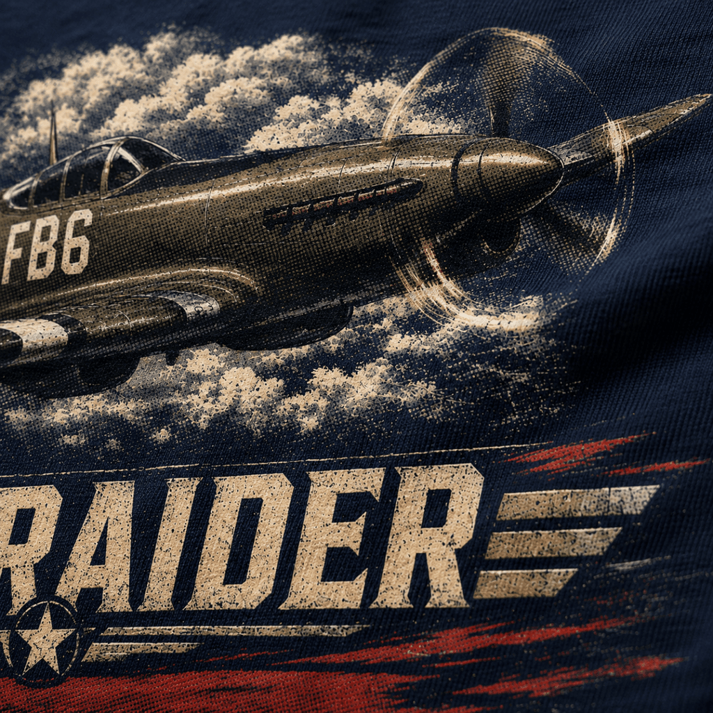 Close-up of a vintage-style graphic print on dark navy fabric, showing a propeller airplane flying through clouds with the word 'RAIDER' and a star insignia below.