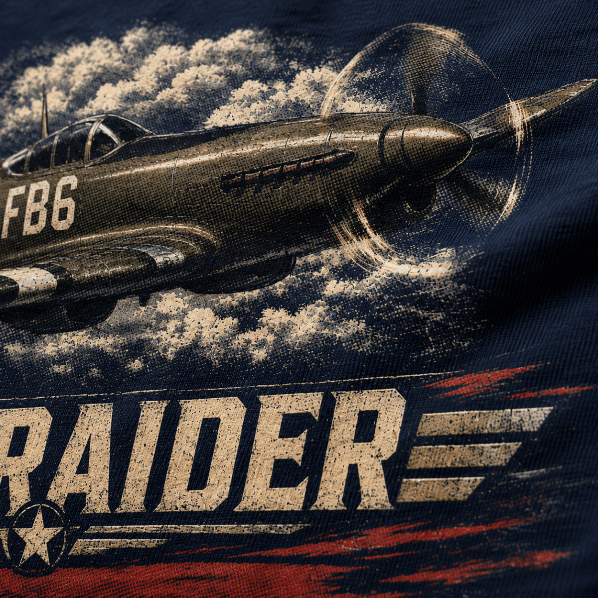 Close-up of a vintage-style graphic print on dark navy fabric, showing a propeller airplane flying through clouds with the word 'RAIDER' and a star insignia below.