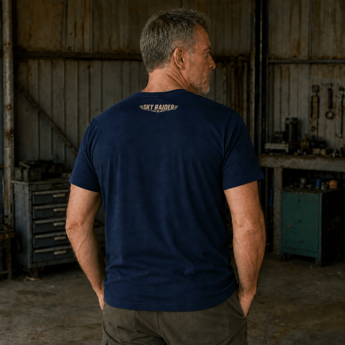 A model wearing navy blue short-sleeve t-shirt shown from the back, featuring a small gold and white 'SKY RAIDER' logo printed at the center of the upper back, set against a light gray background.