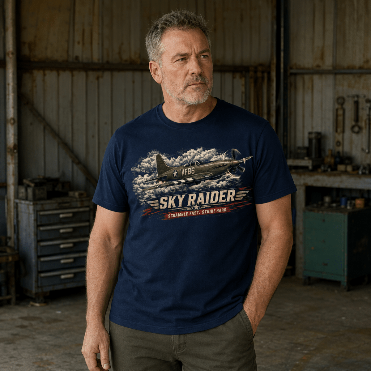 A man wearing a navy blue graphic t-shirt with a vintage biplane design and the text 'SKY RAIDER' and 'EXCELLENT FLY, STRONG RACE' standing in a rustic workshop.