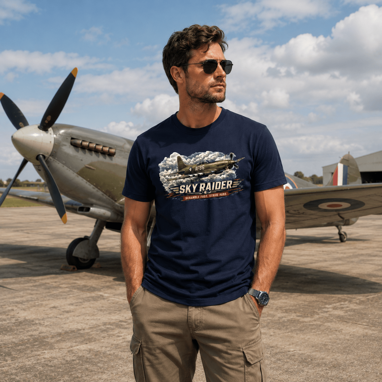 Sky Raider Warbird aviation t-shirt worn by model - Camberline Clothing