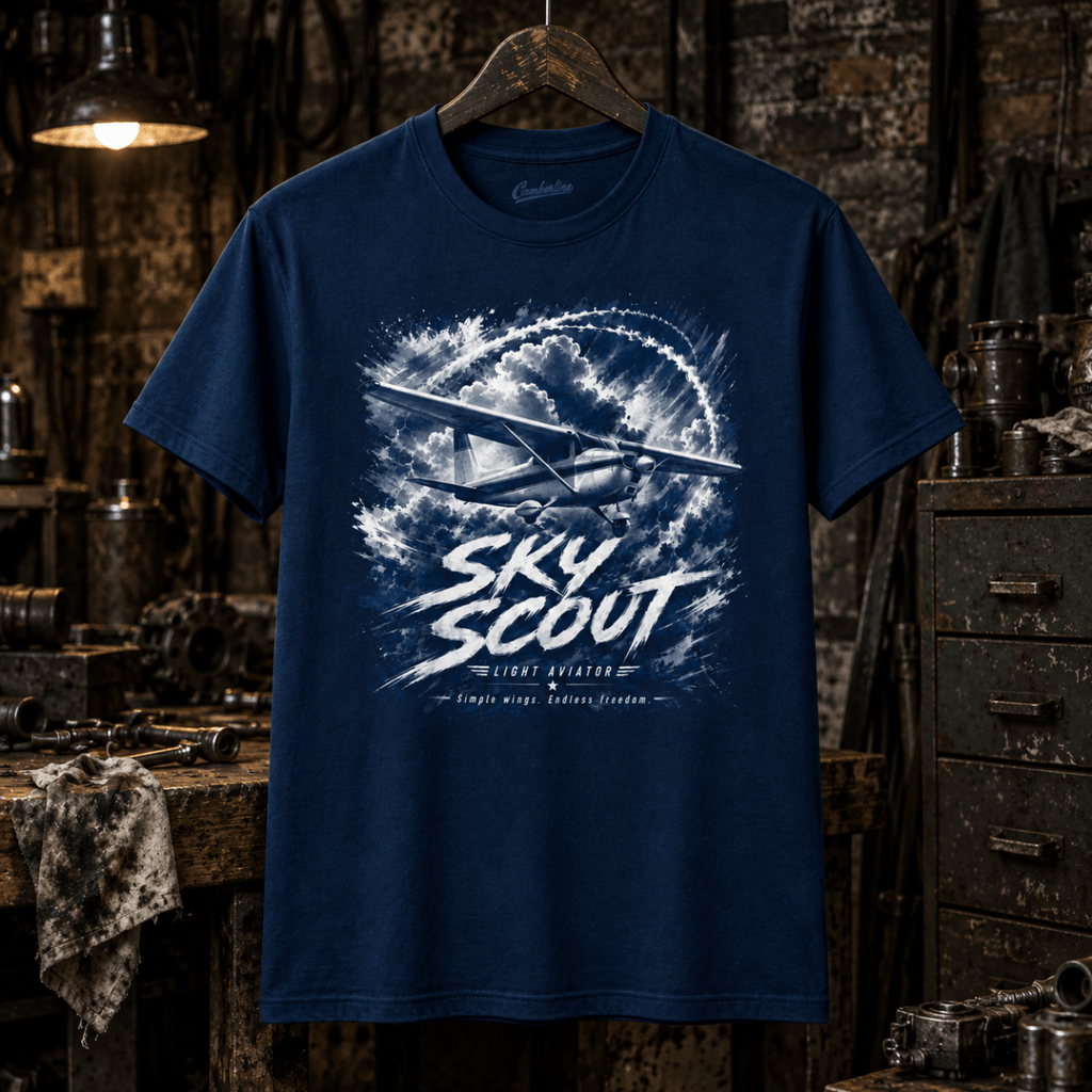 Sky Scout light-aircraft navy T-shirt displayed in a gritty aviation workshop – AVI-TS-0083