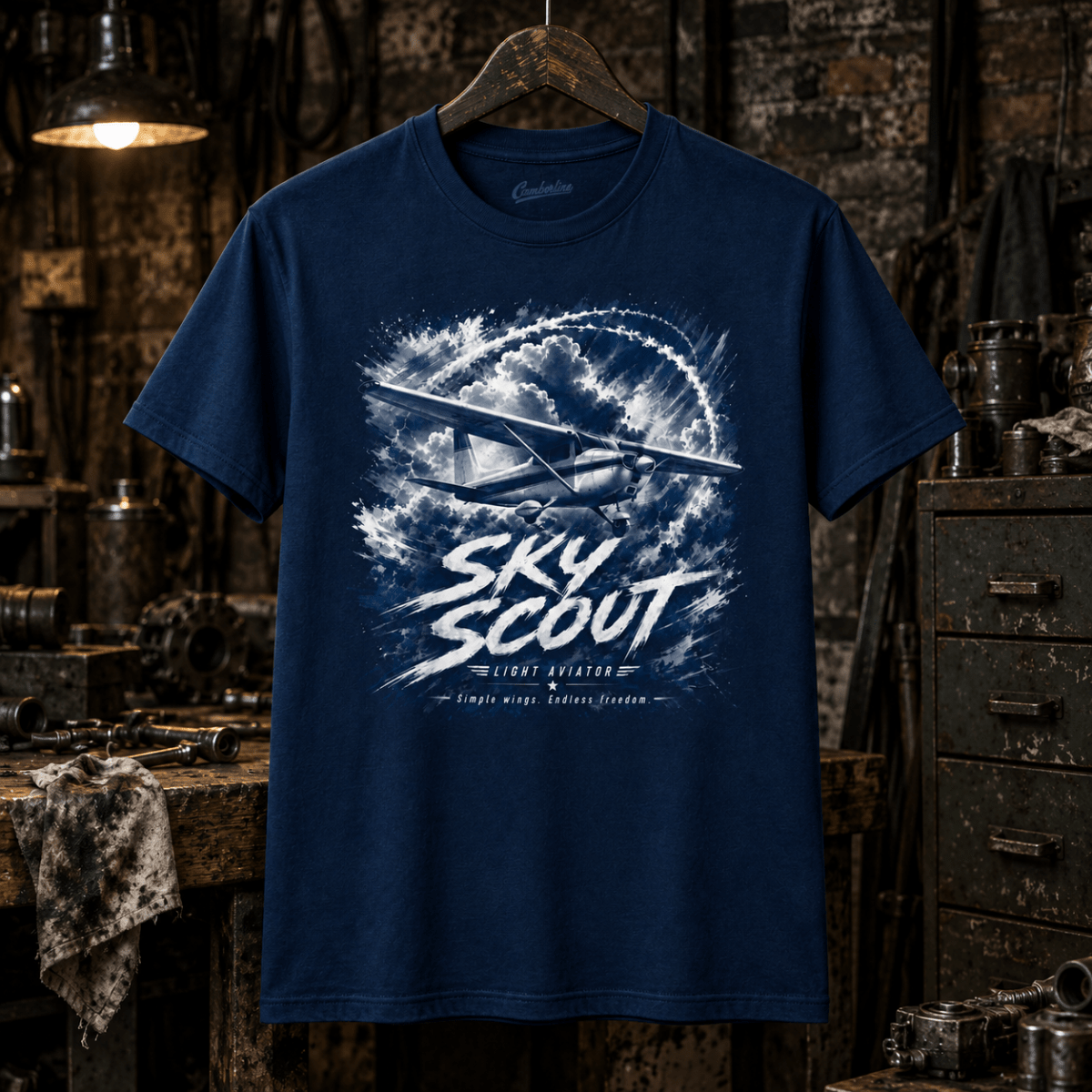 Sky Scout light-aircraft navy T-shirt displayed in a gritty aviation workshop – AVI-TS-0083