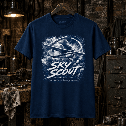 Sky Scout light-aircraft navy T-shirt displayed in a gritty aviation workshop – AVI-TS-0083