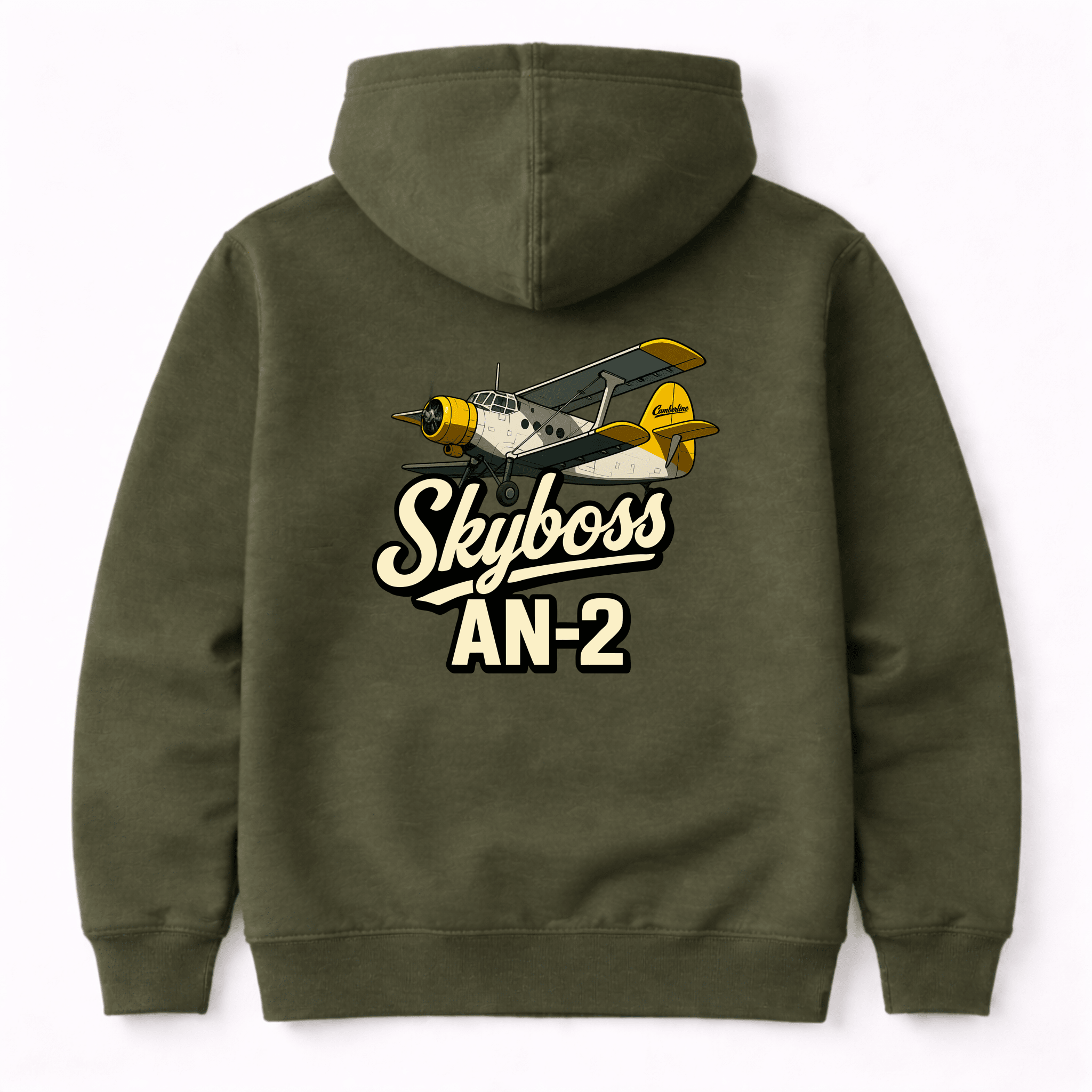 Green hoodie with 'Skyboss AN-2' design on the back against a white background