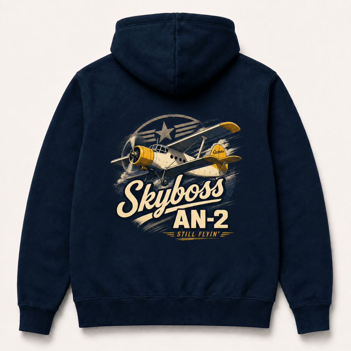 A navy blue pullover hoodie shown from the back, featuring a large graphic print of a vintage biplane and the text 'Skyboss AN-2' in cream and yellow on a light beige background.