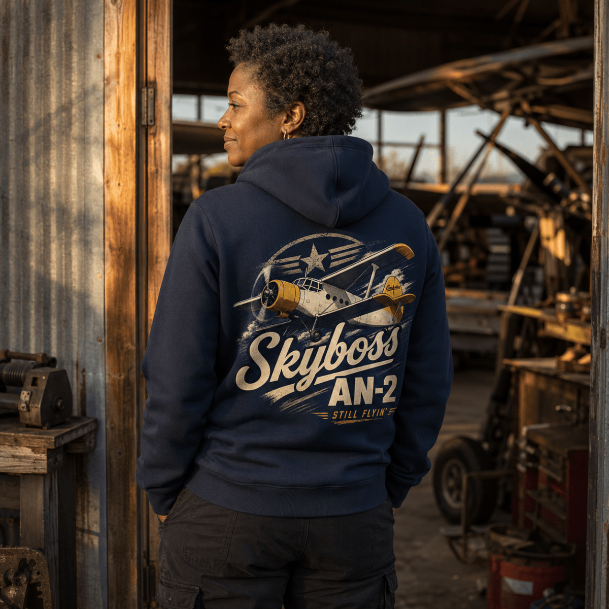A person standing in a rustic workshop doorway, shown from the back wearing a navy blue hoodie with a large vintage airplane graphic and the words 'Skyboss AN-2' printed across the back.