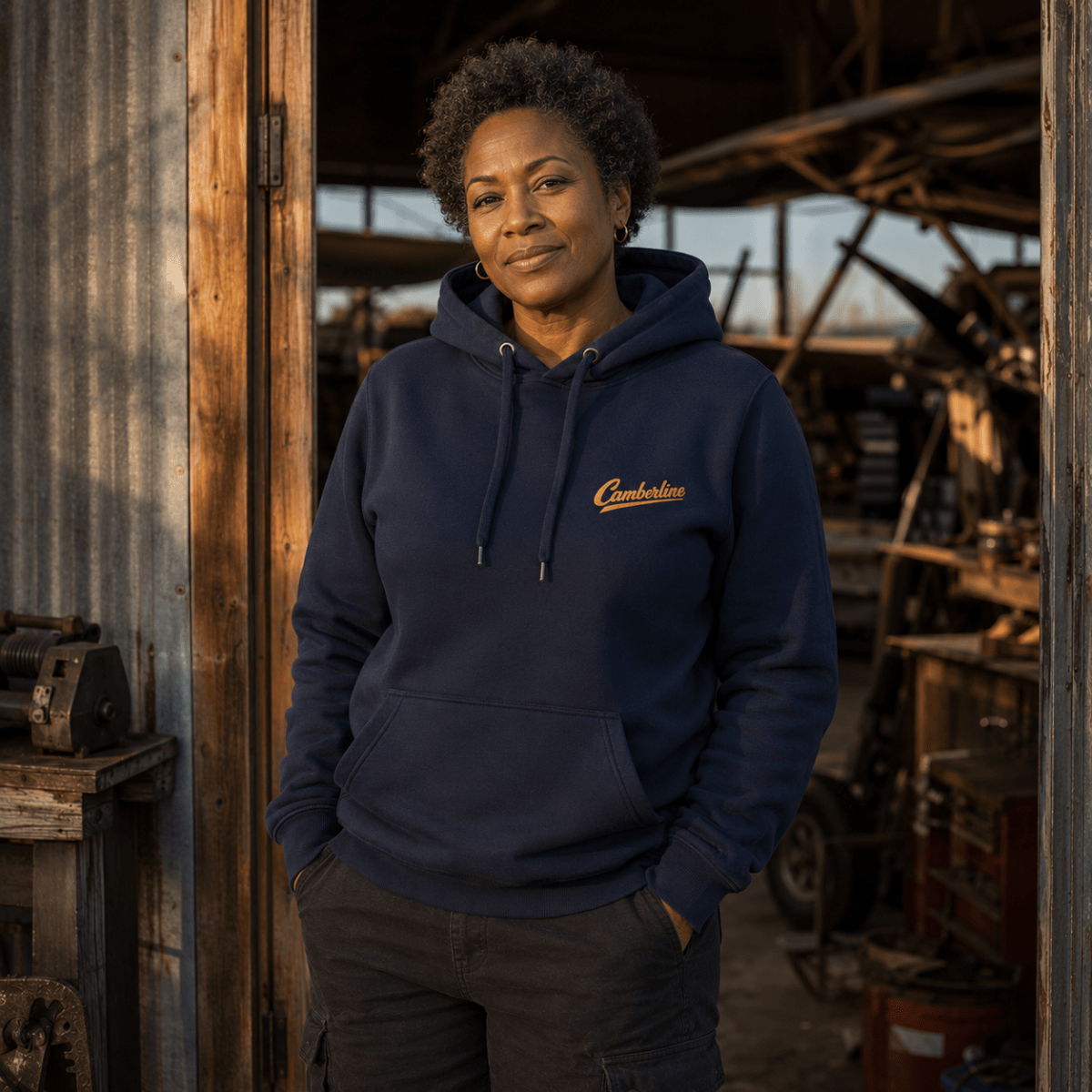 A woman with short curly hair stands in a rustic workshop doorway wearing a navy blue hoodie with a gold embroidered 'Carmen' logo on the left chest, paired with dark cargo pants.