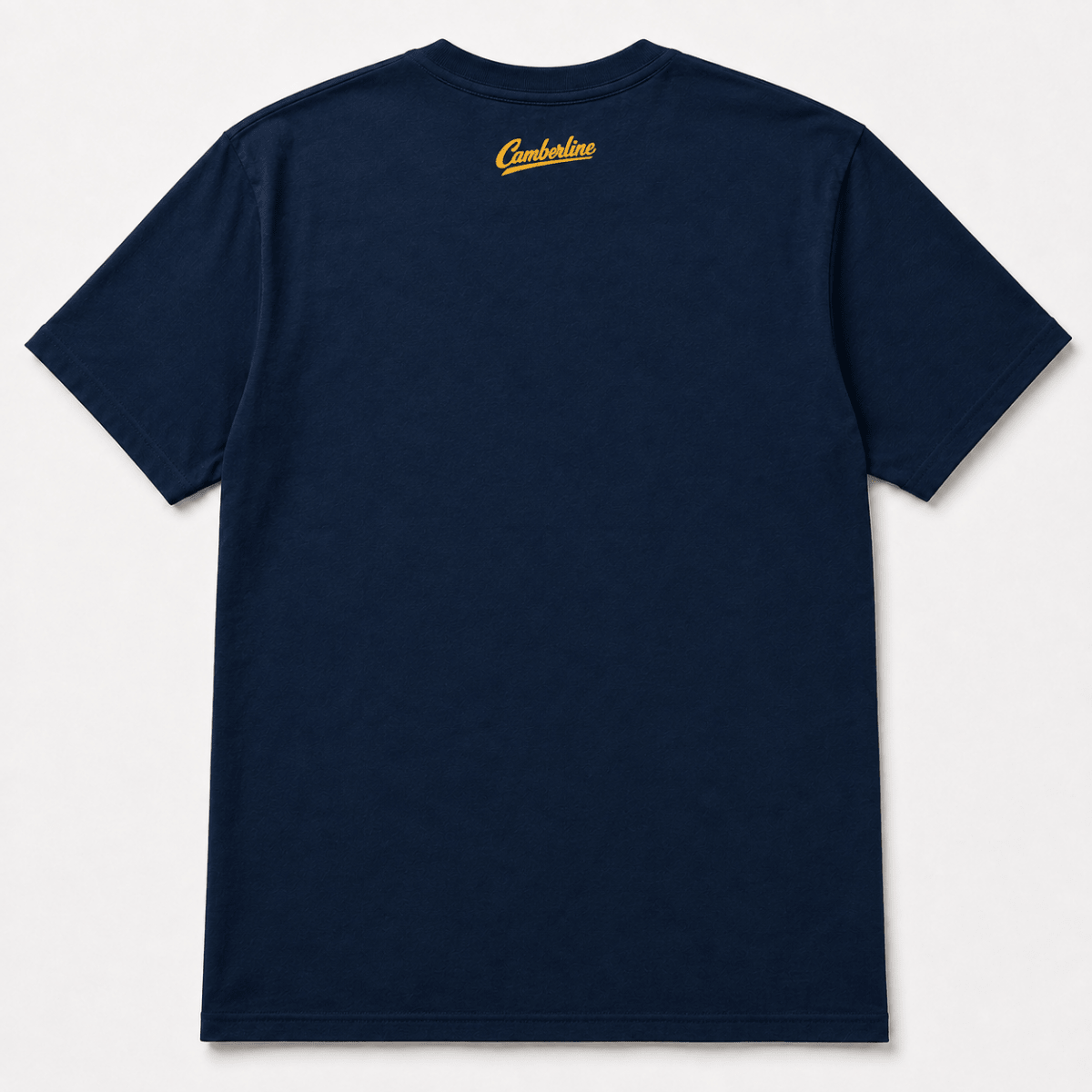 A navy blue short-sleeve t-shirt shown from the back, featuring a small yellow 'Cumberland' script logo centered on the upper back, set against a clean off-white background.