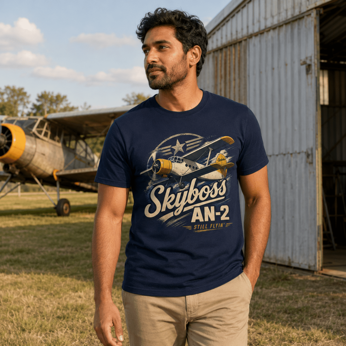 A man wearing a navy blue graphic t-shirt with a vintage biplane design and the text 'Skyboss AN-2' stands in front of an old airplane hangar and a biplane.