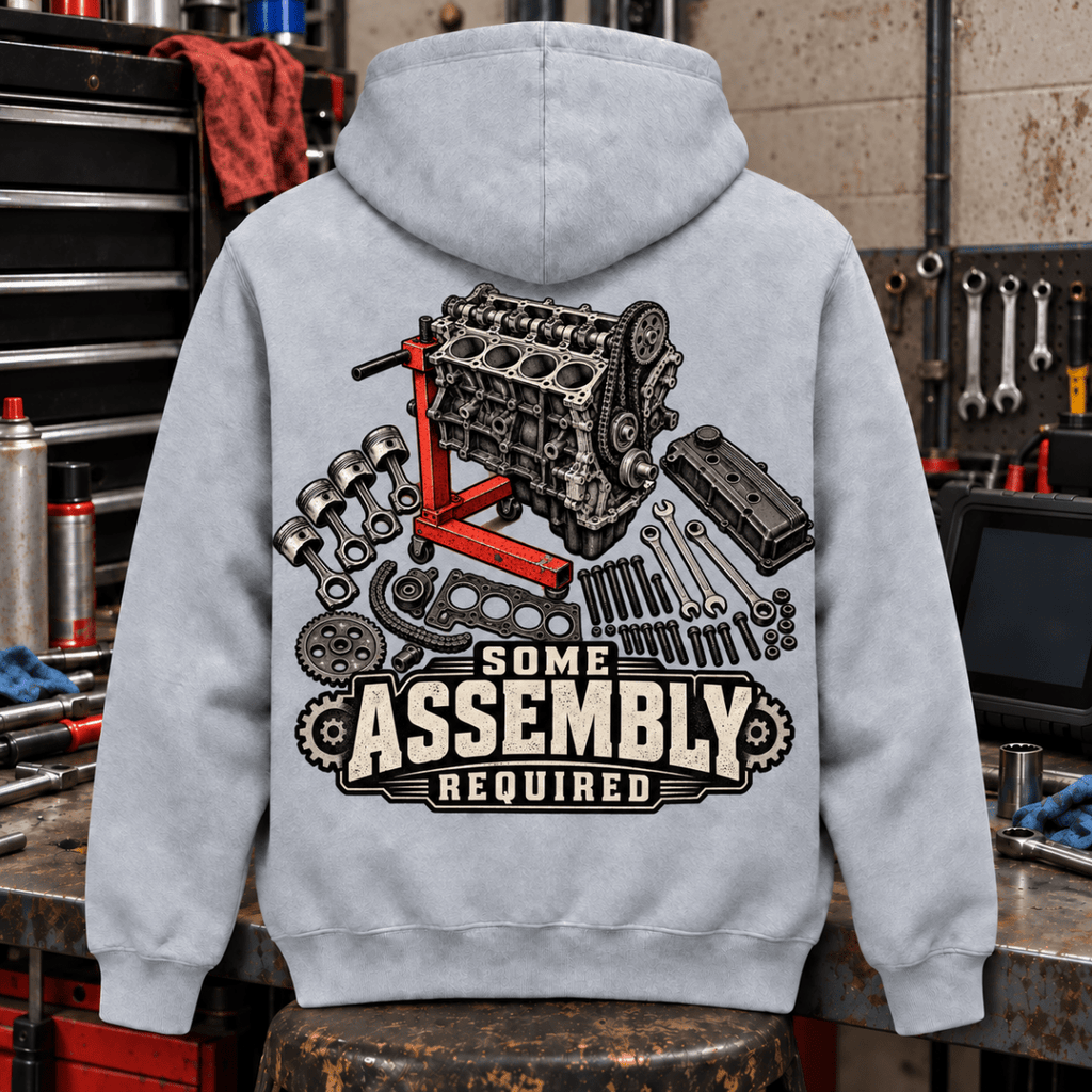 Some Assembly Required engine rebuild mechanic hoodie in sport grey (heather grey), back workshop garment view – car-hd-0808