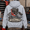 Some Assembly Required engine rebuild mechanic hoodie in sport grey (heather grey), back workshop garment view – car-hd-0808