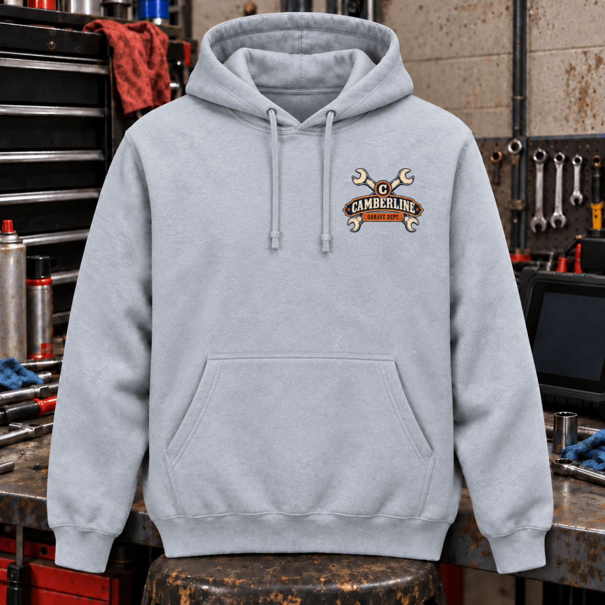 Some Assembly Required engine rebuild mechanic hoodie in sport grey (heather grey), front workshop garment view – car-hd-0808