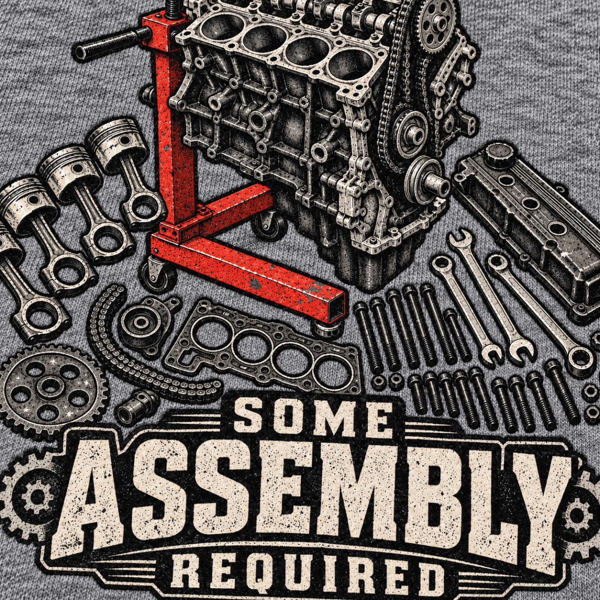Some Assembly Required engine rebuild mechanic hoodie in sport grey (heather grey), print close-up – car-hd-0808