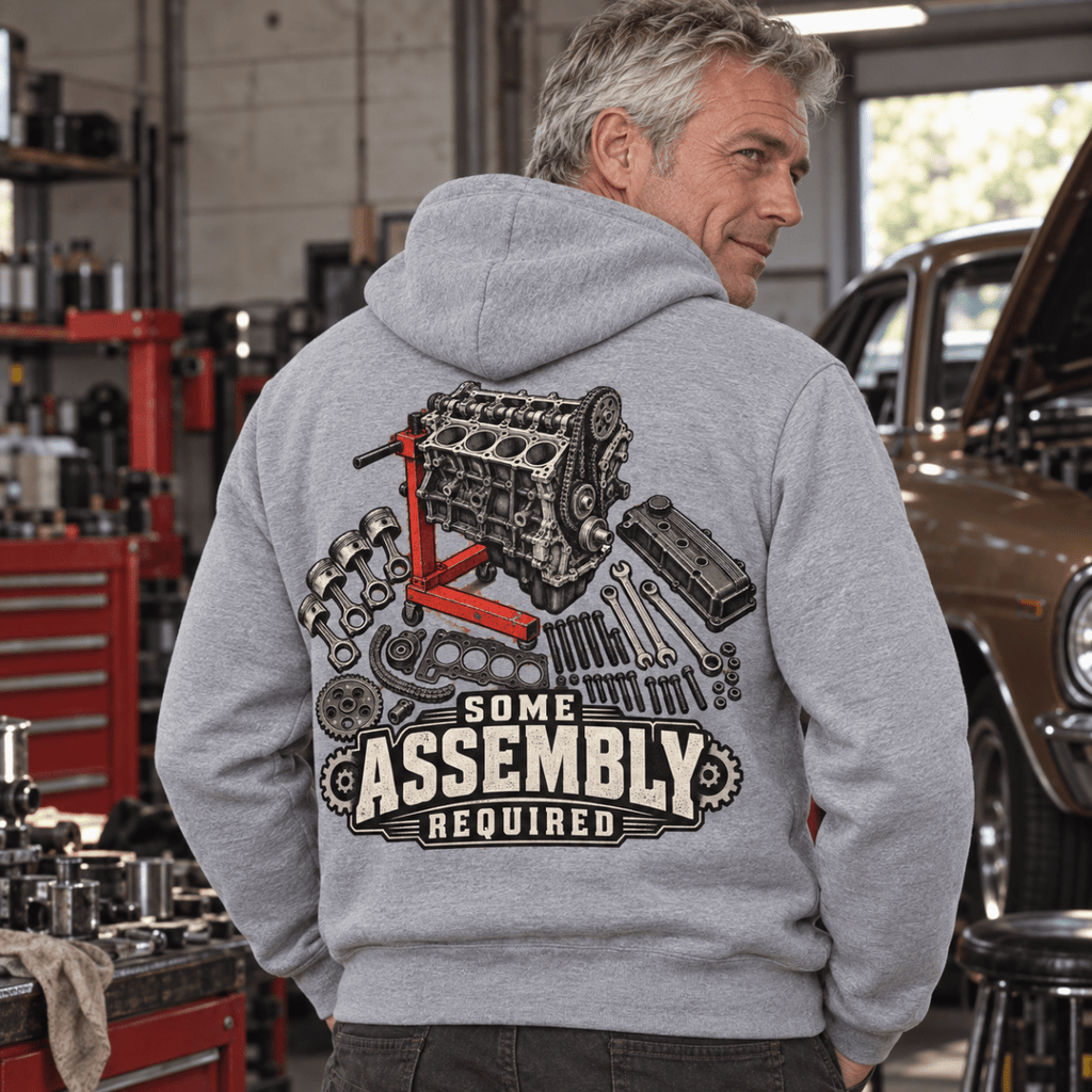 Some Assembly Required engine rebuild mechanic hoodie in sport grey (heather grey), model back – car-hd-0808