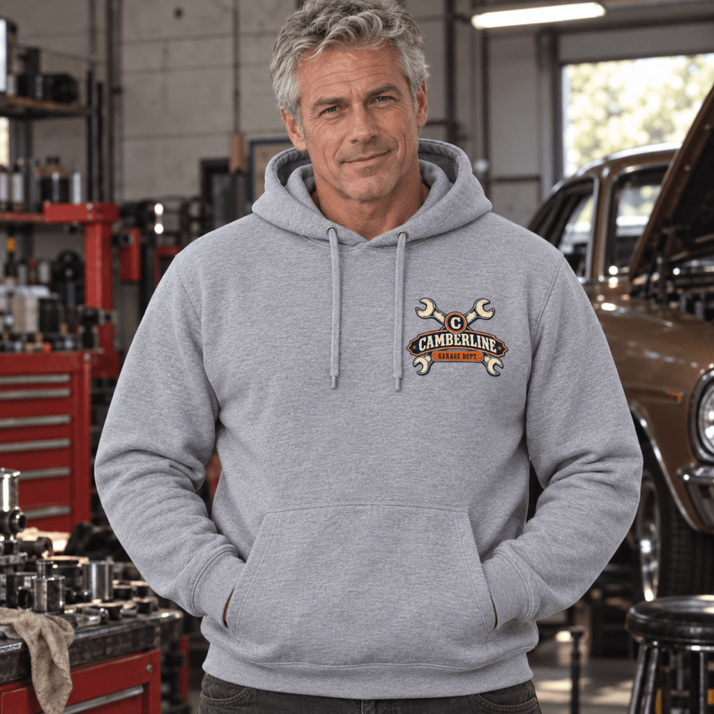 Some Assembly Required engine rebuild mechanic hoodie in sport grey (heather grey), model front – car-hd-0808