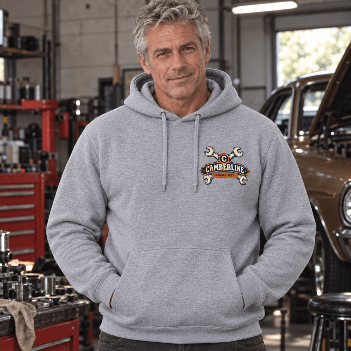 Some Assembly Required engine rebuild mechanic hoodie in sport grey (heather grey), model front – car-hd-0808