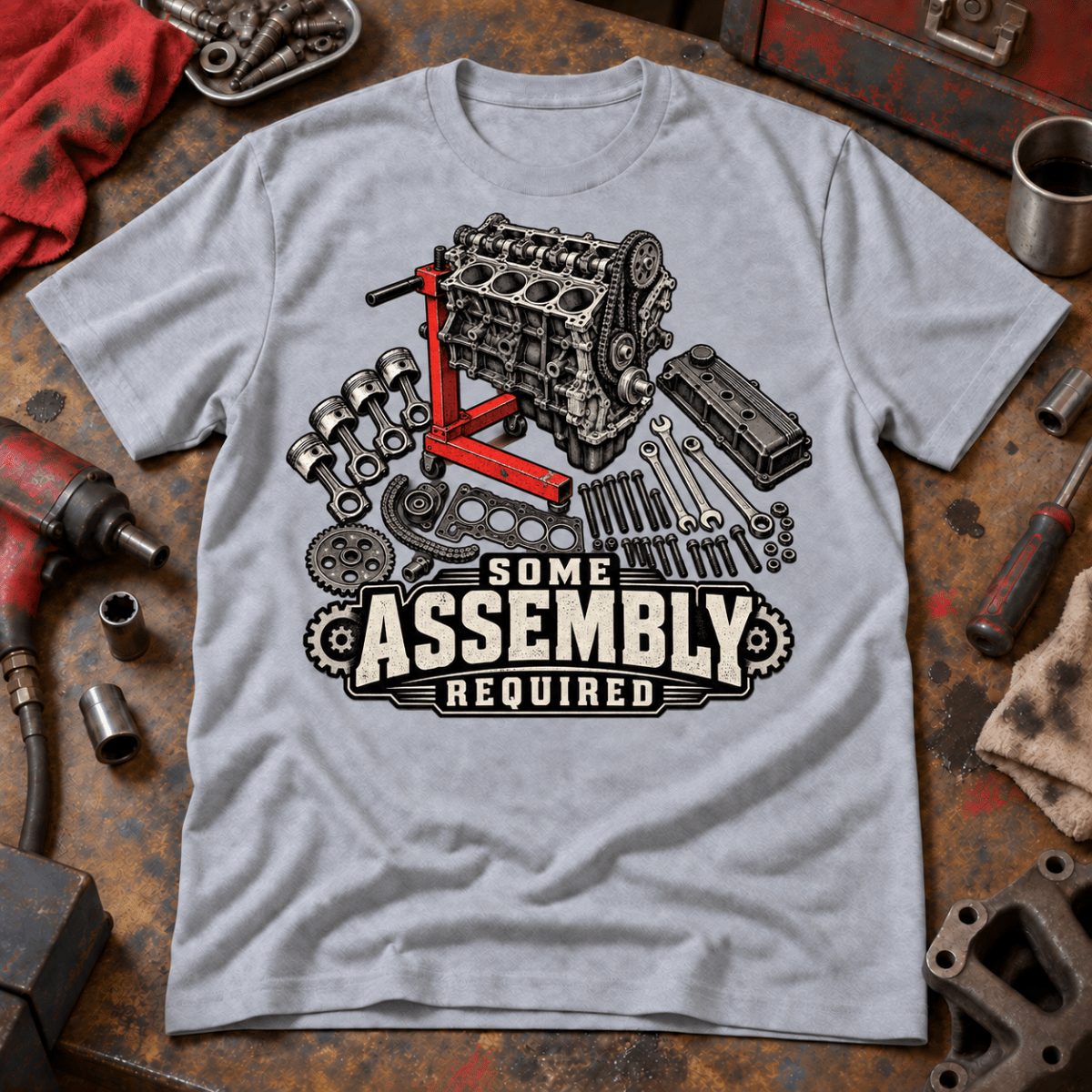 Some Assembly Required engine rebuild mechanic t-shirt in sport grey (heather grey), front workshop garment view – car-ts-0808