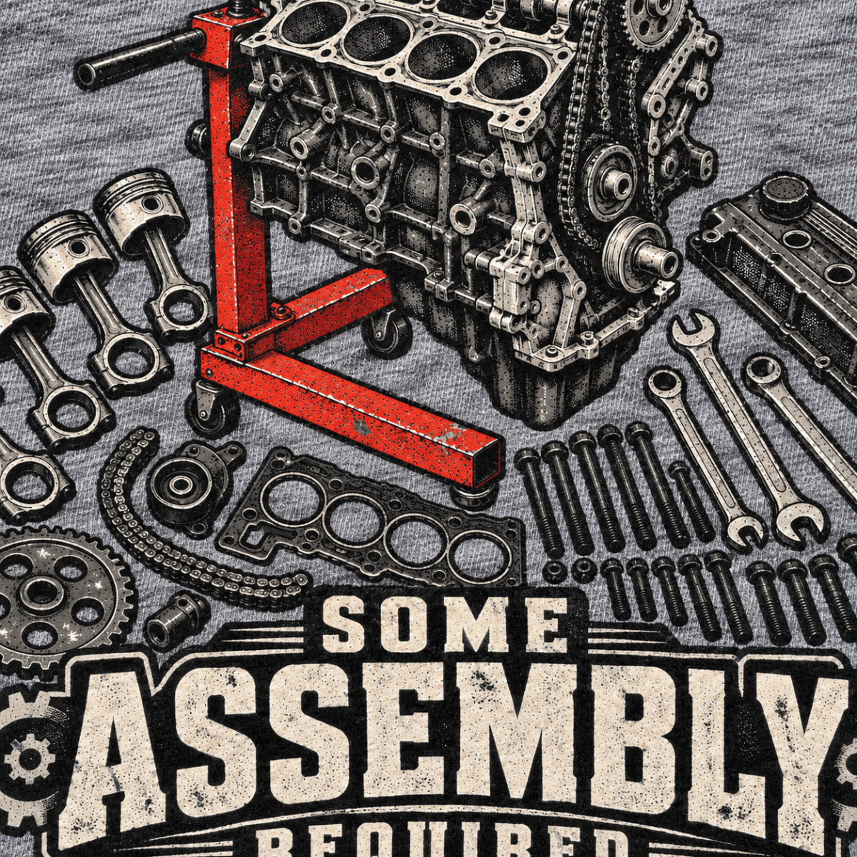 Some Assembly Required engine rebuild mechanic t-shirt in sport grey (heather grey), print close-up – car-ts-0808