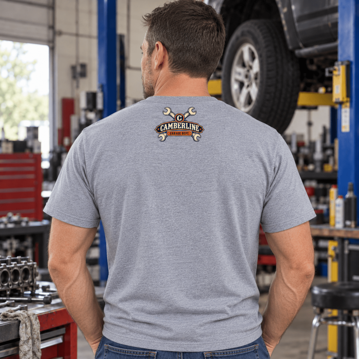 Some Assembly Required engine rebuild mechanic t-shirt in sport grey (heather grey), model back – car-ts-0808
