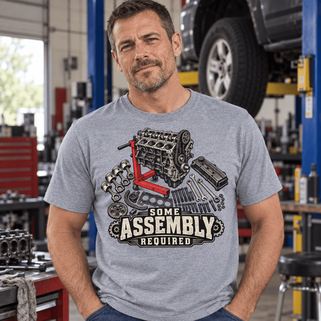 Some Assembly Required engine rebuild mechanic t-shirt in sport grey (heather grey), model front – car-ts-0808
