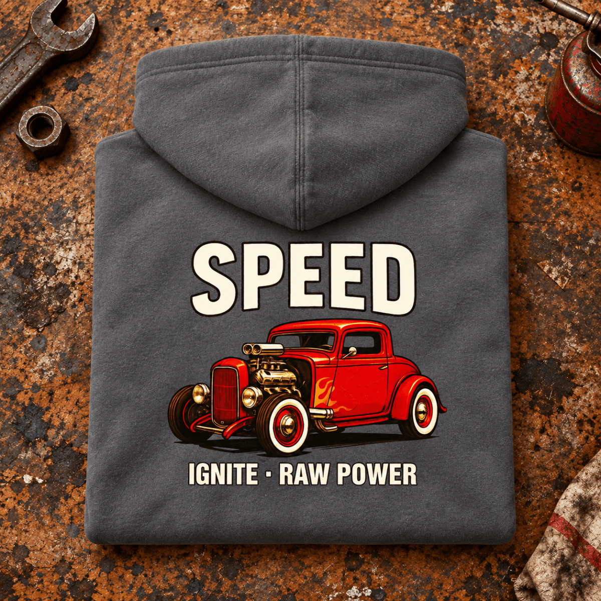 Hot Rod Graphic Hoodie – Speed Ignite Raw Power, folded back main hero on a worn automotive workbench – car-hd-0029