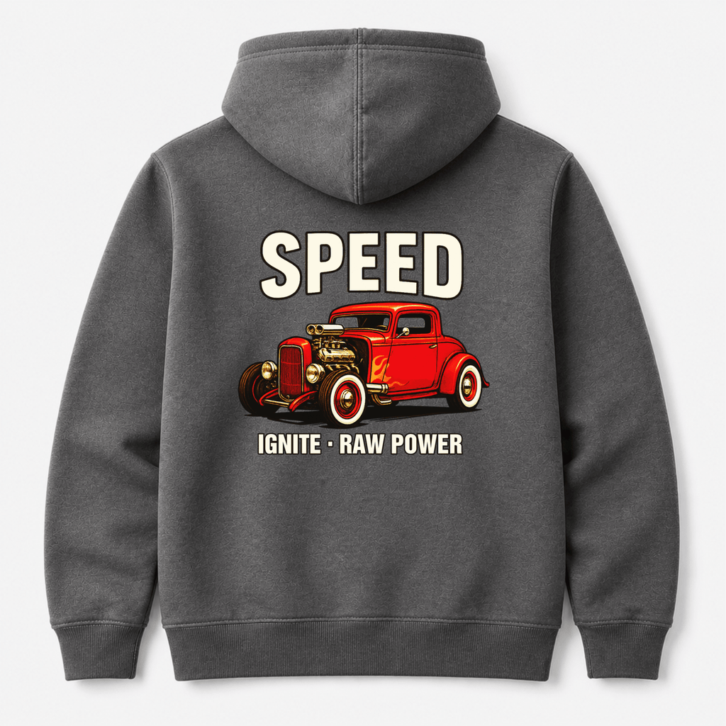 Camberline Cars Speed Ignite Raw Power Hoodie in Shark Grey showing back graphic