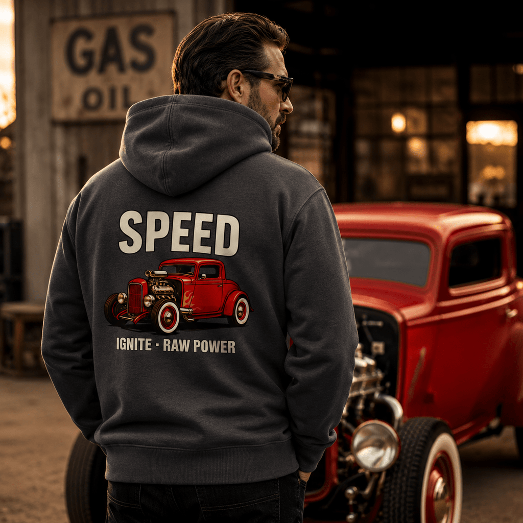 Model wearing Camberline Cars Speed Ignite Raw Power Hoodie in Shark Grey
