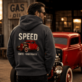 Model wearing Camberline Cars Speed Ignite Raw Power Hoodie in Shark Grey