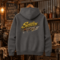 Charcoal Spitfire shark-mouth RAF fighter graphic hoodie in a gritty vintage aviation workshop