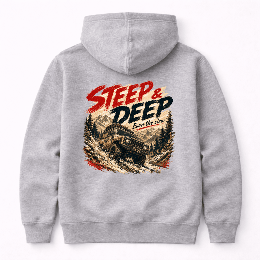 Camberline Cars Steep And Deep 4x4 Hoodie in Heather Grey showing back graphic