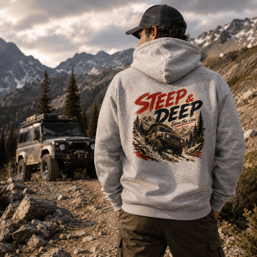 Model wearing Camberline Cars Steep And Deep 4x4 Hoodie in Heather Grey, styled for car and 4x4 culture