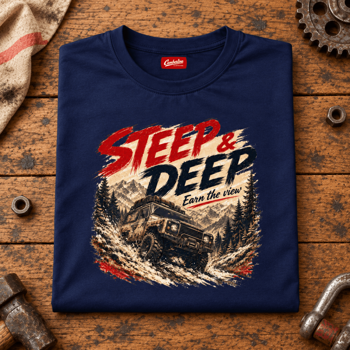 Folded navy Steep And Deep Hill Descent T-shirt front on a workshop bench — car-ts-0092